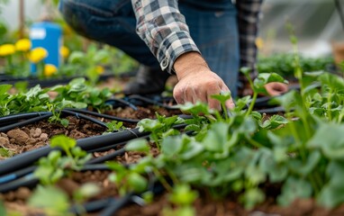 A person laying out hoses and installing a drip irrigation system among rows of plants in a garden bed. Close up
