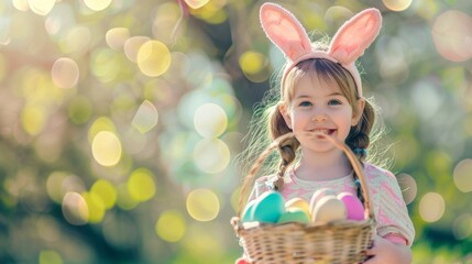 Festive Easter happy little girl smiling holding a basket with Easter eggs on a background of green meadow grass