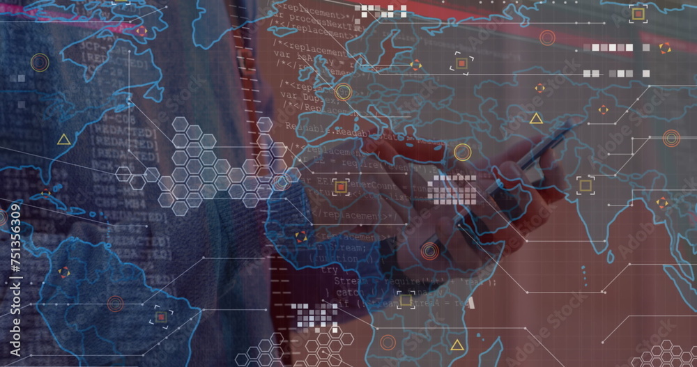 Poster image of data processing over world map against mid section of man using smartphone