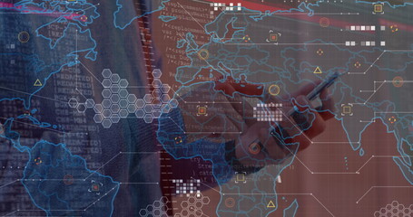 Image of data processing over world map against mid section of man using smartphone