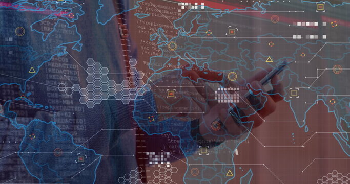 Image of data processing over world map against mid section of man using smartphone - Powered by Adobe
