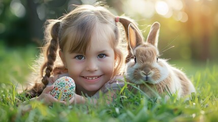 Festive Easter happy little girl smiling lies on green lawn grass and hugs and plays with rabbit. easter holiday background