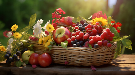 Ripe juicy fruits in basket isolated on white,Basket of fresh organic fruits in the garden,Basket with fresh fruits on wooden table in garden, closeup