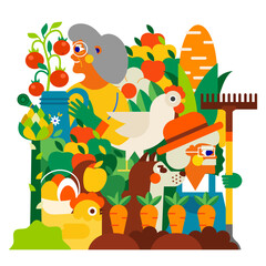 Garden, farm and agriculture. Illustrations of farmers, chickens, bountiful harvests and nature. Great for posters, ads, flyers and more