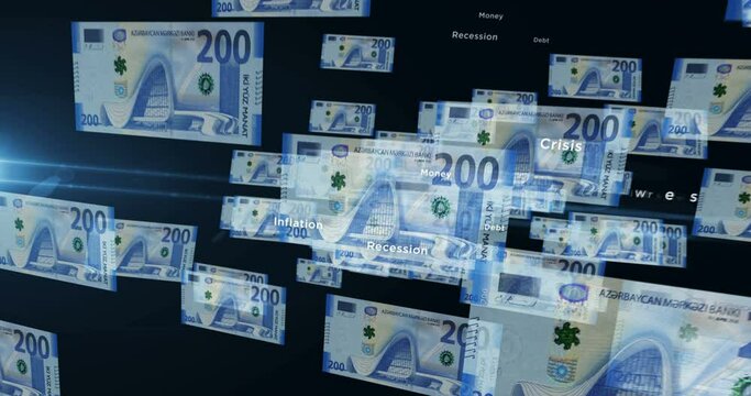 Azerbaijan manat 200 ILS banknote loop. Flying between transparent money Azerbaijani note. 3D seamless looped abstract concept of business, economy, finance, crisis and banking.