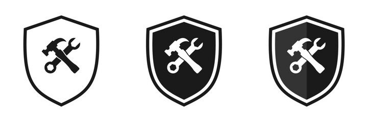 Set of hammer and wrench icons on shield. Vector illustration