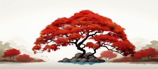 A detailed painting showcasing a Japanese maple tree with striking red leaves, set against a white backdrop. The tree stands out amongst lush green grass, capturing the essence of autumn.