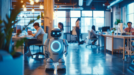Robot works in an office among people. IT team of the future. The concept of artificial intelligence and people working in the future - obrazy, fototapety, plakaty