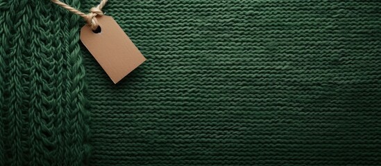 A green knitted sweater is depicted with a white tag hanging from it. The tag likely contains information about the clothing care and composition. The sweater appears to be in new condition. - obrazy, fototapety, plakaty