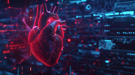 Black with red veins 3d futuristic model of human heart, cardiac healthcare concept. Scientific template. Generative AI