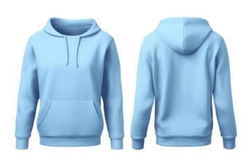 Light blue sweatshirt with front and back view. With hood and pocket