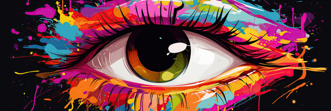 Vibrant visions: A detailed close-up of an eye adorned with colorful paint splatters, creating a visually striking and artistic image