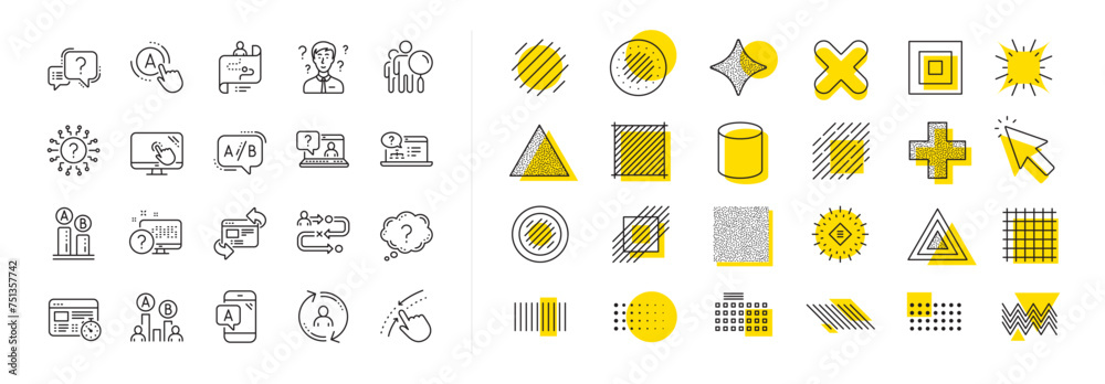 Poster set of ab testing, journey path map and question mark icons. design shape elements. ux line icons. u