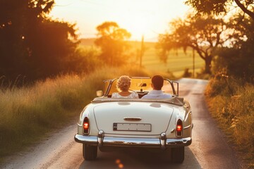 Professional Photography of The Happy Couple Driving Off Into The Sunset in a Vintage Convertible, Generative AI