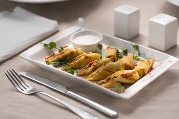 Thin pancakes with meat plate. The concept of a delicious breakfast.