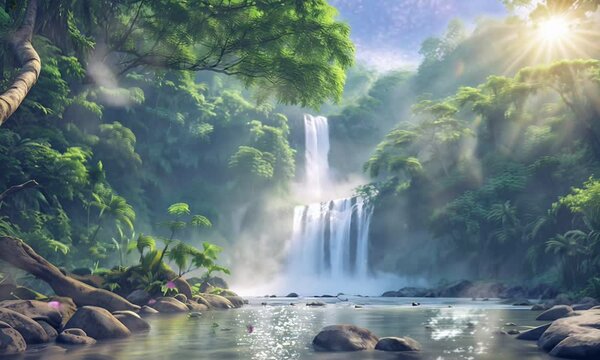 Amazon rainforest misty waterfall and river landscape at vibrant sunlight, video HD