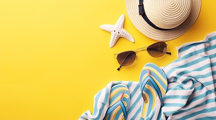 a beach items on a yellow background