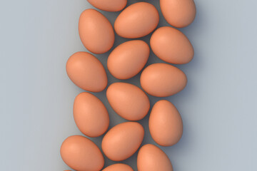 Lot of chicken egg on gray background. Ingredients for cooking. Organic food. Top view. 3d render