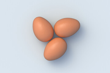 Three chicken eggs on gray background. Ingredients for cooking. Organic food. Top view. 3d render