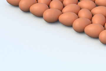 Scattered chicken eggs on gray background. Ingredients for cooking. Organic food. Copy space. 3d render