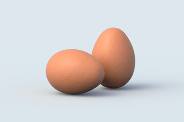 Two brown chicken eggs on gray background. Ingredients for cooking. Organic food. 3d render