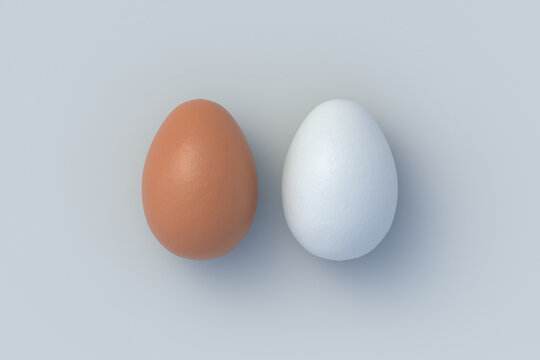 Two chicken eggs on gray background. Ingredients for cooking. Organic food. Top view. 3d render