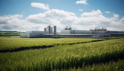 A modern bioenergy facility, a large factory building, stands prominently on a lush green field. The facility is surrounded by fields of crops, indicating an agricultural setting