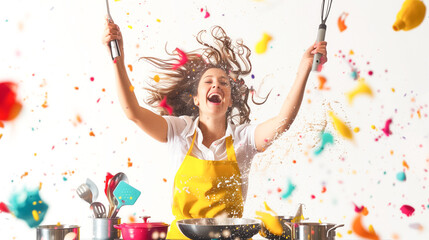Joyful woman cooking with various utensils in hand, creating a vibrant kitchen scene