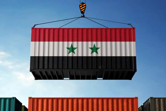 Syria trade cargo container hanging against clouds background
