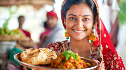 Smiling young woman in traditional attire showcasing a plate with tasty puri - obrazy, fototapety, plakaty
