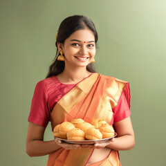 Cheerful young indian woman in saree displaying a plate of delectable poori