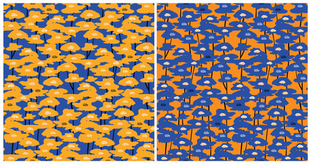 Floral Irregular Seamless Vector Pattern with Tiny Flowers and Black Leaves on a Dark Blue and Orange Background. Trendy Infantile Drawing-like Abstract Garden Pattern. Abstract Garden Print.