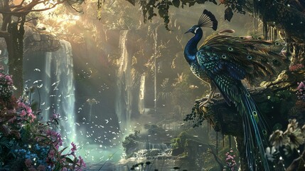 peacock in a fairy-tale waterfall setting - obrazy, fototapety, plakaty