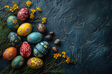 Beautiful decorated Easter eggs on a blue wooden surface. Easter composition, top view. Generative AI - Powered by Adobe