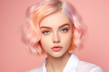 Stylish teenage woman with pastel pink hairstyle and striking blue eyes on pink background