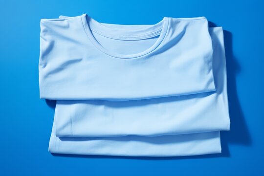 Three blue T-shirts folded one on top of the other on a blue background
