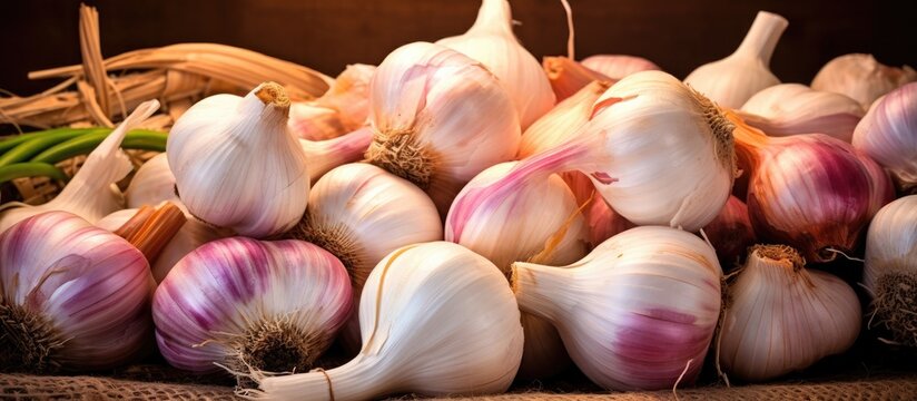 A close-up view of a pile of fresh organic shallot and garlic sitting on top of a table. The vibrant colors and textures of the vegetables are showcased in this image.