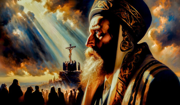 Crucifixion Scene at Golgotha: The Jewish High Priest of the Sanhedrin Stands with Witnesses at Jesus Christ&rsquo;s Crucifixion, the Cross is Illuminated Amid Turbulent Clouds