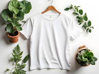 white t-shirt mock-up on a hanger design, flat lay, on a darn white background design, with plants nearby, aerial view. - obrazy, fototapety, plakaty