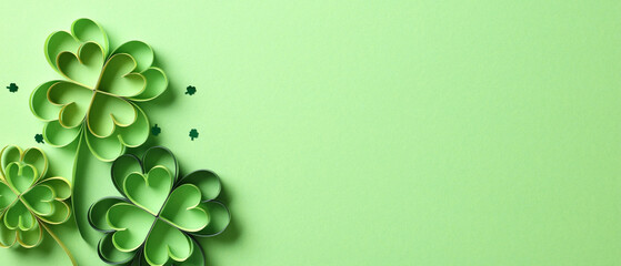 St Patricks Day banner design with paper cut four leaf clover and confetti on green background.