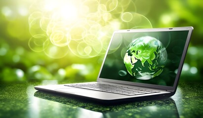 laptop with green grass and world glob - obrazy, fototapety, plakaty