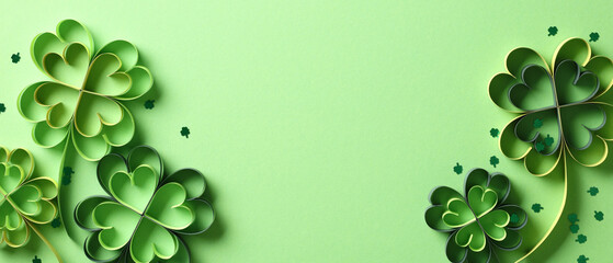 Paper cut four leaf clover with confetti on green background. St Patricks Day banner design.