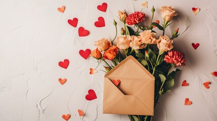 a bouquet of flowers and a envelope with hearts