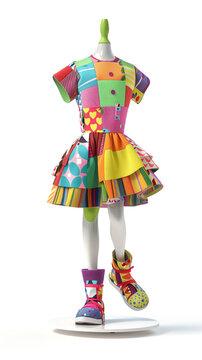 A children's clothing mannequin dressed in playful and vibrant attire