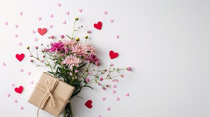 a bouquet of flowers and a gift box