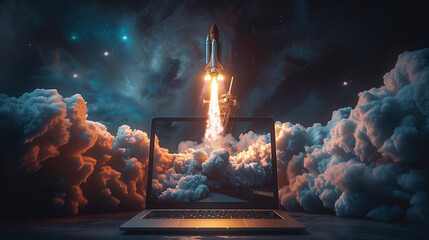 Laptop with rocket takeoff on the screen. Concepts of digital business, entrepreneurship, digital currency, investment, digital marketing. Also concepts of fast developing technology - obrazy, fototapety, plakaty
