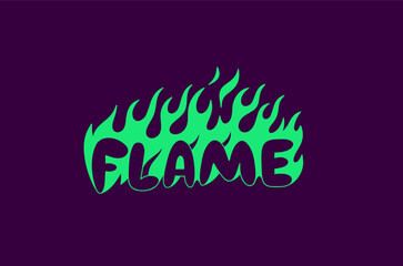 Outline image of the word “FLAME” stylized to look like it’s on fire. Neon sign. Vector image.