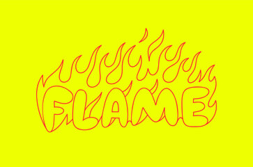 Outline image of the word “FLAME” stylized to look like it’s on fire. Neon sign. Vector image.