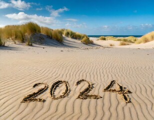 Fototapeta premium 2024 in den Sand am Strand geschrieben mit Dünen im Hintergrund