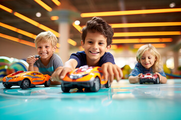 Energetic Kids Enjoying Miniature BB Car Racing - A Blend of Childhood Thrill and Competition - obrazy, fototapety, plakaty
